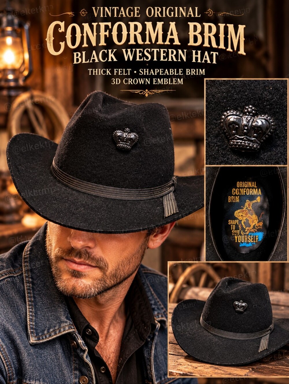 Vintage Original Conforma Brim Black Western Hat Thick Felt 3D Crown Emblem